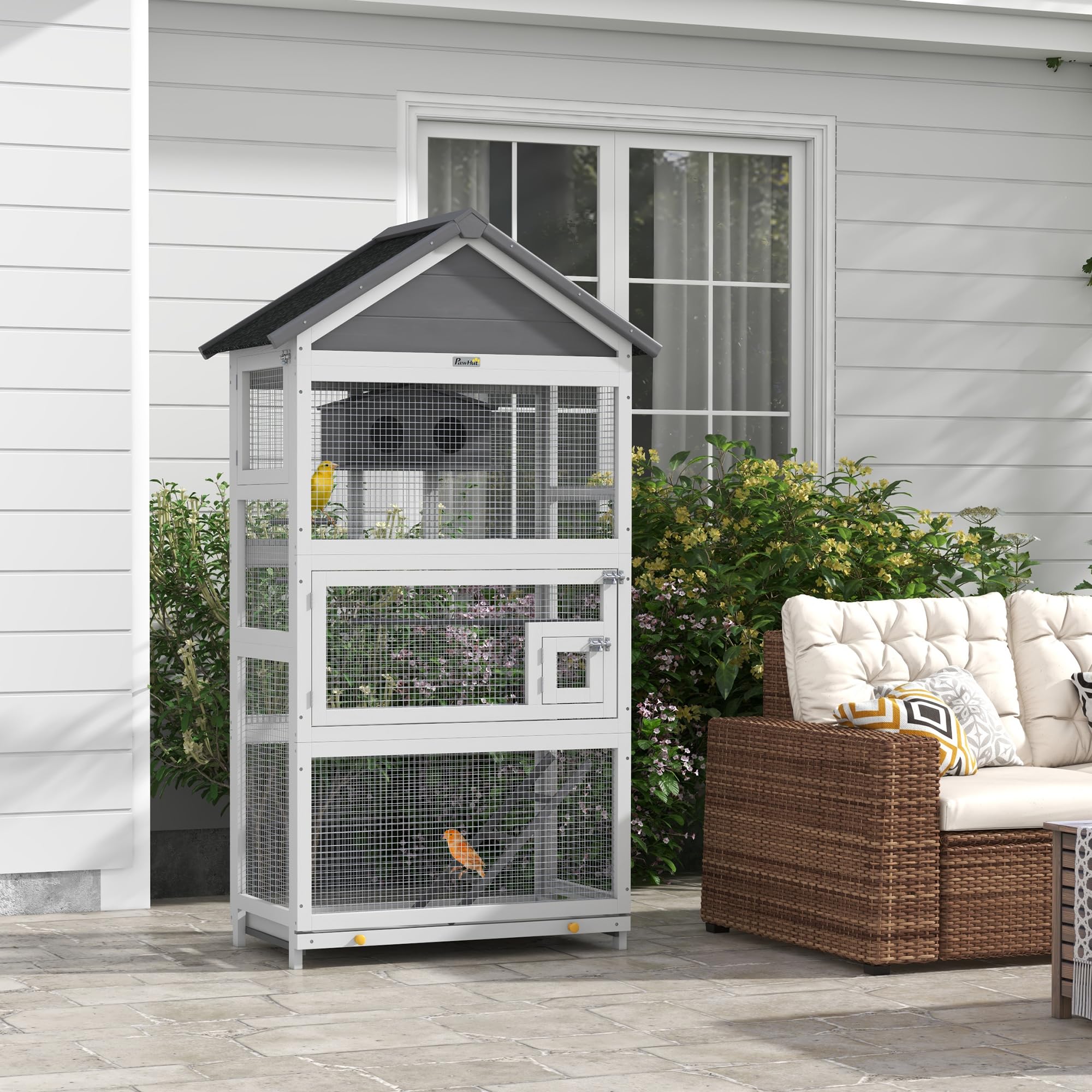 PawHut Wooden Bird Aviary, 67 Outdoor Bird Cage with Slide-Out Tray, Three Doors, Birdhouse, Ladder, Perches for Finches, Parake